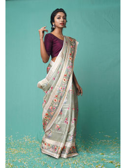 Unnati Silks - Green Pure French Knot Work Kota Silk Saree with Unstitched Blouse