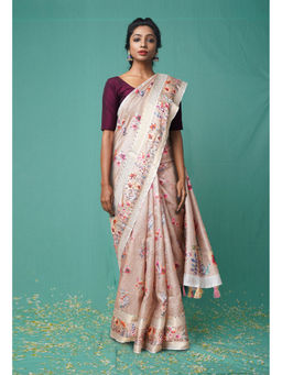 Unnati Silks - Peach Pure French Knot Work Kota Silk Saree with Unstitched Blouse