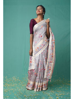Unnati Silks - Grey Pure French Knot Work Kota Silk Saree with Unstitched Blouse