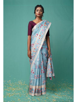 Unnati Silks - Blue Pure French Knot Work Kota Silk Saree with Unstitched Blouse