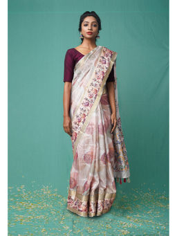 Unnati Silks - Peach Pure French Knot Work Kota Silk Saree with Unstitched Blouse