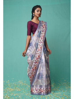 Unnati Silks - Blue Pure French Knot Work Kota Silk Saree with Unstitched Blouse