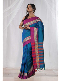Unnati Silks - Peacock Blue Pure Handloom Narayani Cotton Saree with Unstitched Blouse