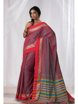 Unnati Silks - Green-Red Pure Handloom Narayani Cotton Saree with Unstitched Blouse