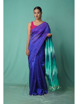 Unnati Silks - Dark Blue Pure Dyed Mangalgiri Soft Silk Saree with Unstitched Blouse