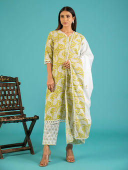 JS Label  - JS LABEL White & Green Hand Block Print Dupatta