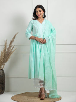 JS Label  - JS LABEL Mint Green Hand Block Printed Mulmul Dupatta