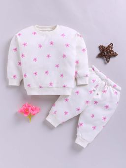 Clt.s - Cream Cotton Knitted Floral Full Sleeve Night Suit
