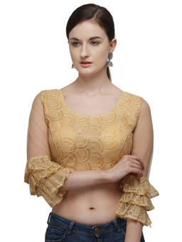 Amrutam Fab - Womens Embroidered Beige Net Stiched Blouse With Round Neck
