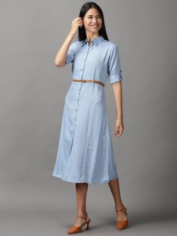 SHOWOFF - Womens Shirt Collar Midi Blue Solid Dress