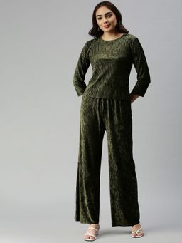 SHOWOFF - Women Above Knee Round Neck Olive Solid Co-Ord (Set of 2)