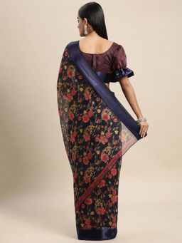 Odette - Cotton Silk Navy Blue Printed Saree with Unstitched Blouse