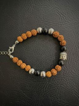 Digital Dress Room - Rakhi Designs Oxidized Silver Buddha Face With Rudhraksha Mauli Raksha Bandhan
