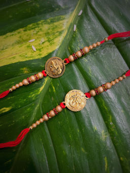 Digital Dress Room - Combo Of 2 Rakhi Designs Om And Ganesha Coins Pendant With Mauli Raksha Bandhan