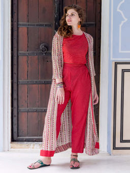 Missprint - Red Indo Western Crop Top With High Waist Pants And Printed Jacket