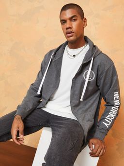 Styli - Grey Sleeve Placement Print Zip Through Boxy Fit Sweatshirts