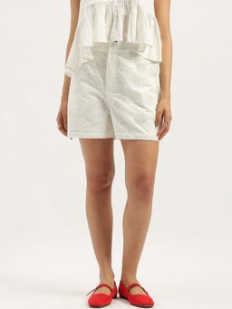 United Colors of Benetton - White Schiffli Embroidered Regular Fit Casual Shorts