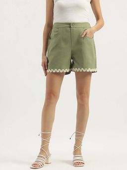 United Colors of Benetton - Green Solid Regular Fit Wavy Lace Detail Shorts