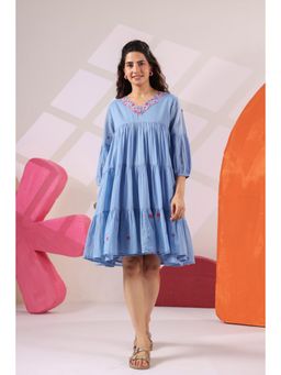 Scakhi - Women Powder Blue Embroidered Cotton Mulmul Tiered Dress