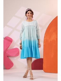 Scakhi - Women Blue Mulmul Cotton Ombre Tiered Dress