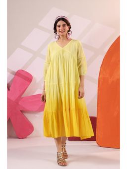 Scakhi - Women Yellow Mulmul Cotton Ombre Tiered Long Dress