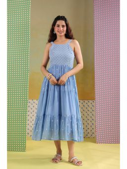 Scakhi - Women Powder Blue Cotton Embroidered Tiered Dress