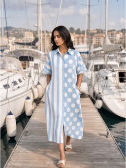Golden Mirror Fashion - Women Serena Blue Shirt Stripes Polka Dot Dress