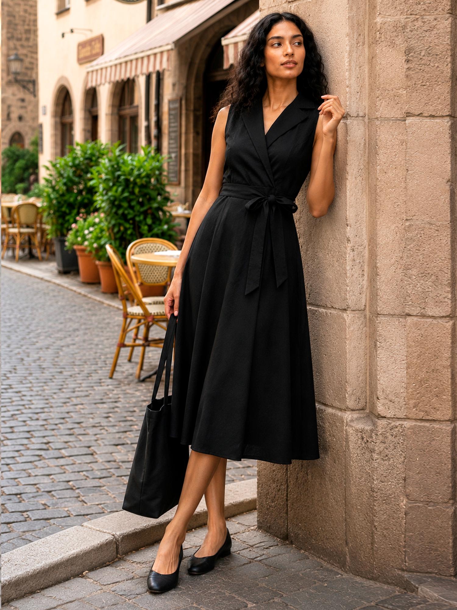 Women Black Self Design Pure Cotton Dress with Belt-picture-13