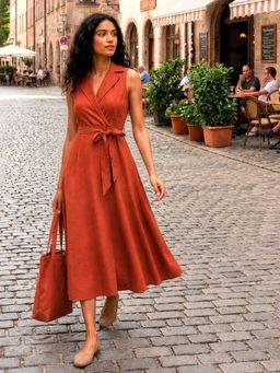 Mabish By Sonal Jain - Women Rust Self Design Pure Cotton Dress with Belt