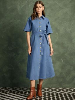 Uptownie - Women Blue Denim Solid Shirt Dress with Belt
