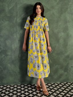 Uptownie - Women Yellow Pure Cotton Floral Pintucked A-Line Dress