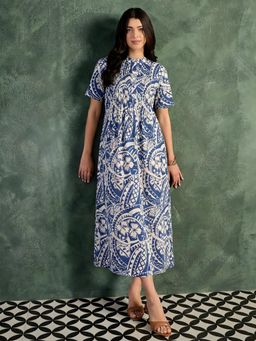 Uptownie - Women Blue Pure Cotton Floral Pintuck A-Line Dress