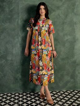 Uptownie - Women Multi-Color Pure Cotton Floral Printed Pintucked A-Line Dress