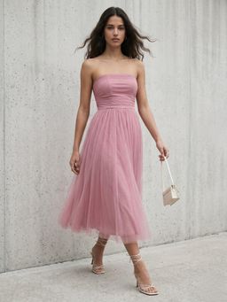 Outzidr - Women Pink Strapless Tube Net Layer Dress