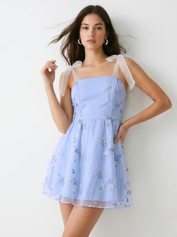 Outzidr - Women Blue Shoulder Tie-Up Floral Embroidered Dress