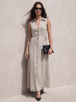Outzidr - Women Beige Solid Collared Neck Dress