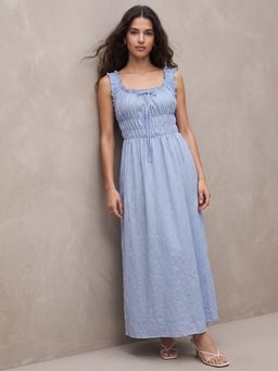 Outzidr - Women Blue Floral Design Sleeveless Dress