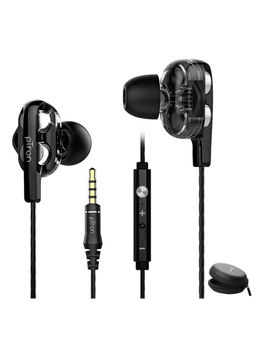 pTron - Boom Pro Dual-driver Wired Earphones with Deep Bass, Mic & 1.2M Durable Cable (Black & Silver)