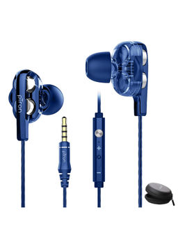 pTron - Boom Pro Dual-driver Wired Earphones with Deep Bass, Mic & 1.2M Durable Cable (Dark Blue)
