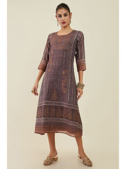 Soch - Womens Earth Chanderi Blend Dress Kurta with Printed Designs & Sequins