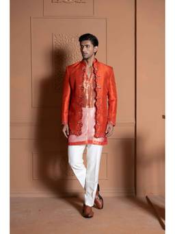 Shilpsutra - Orange Kesari Darbar Sherwani with Kurta and Pant