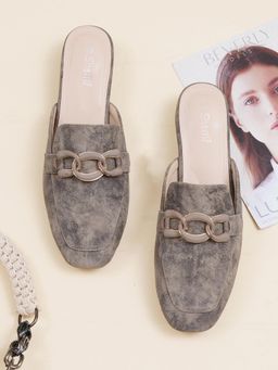 Sherrif Shoes - Womens Buckle Detail Lightweight Suede Block Heel Mules - Taupe