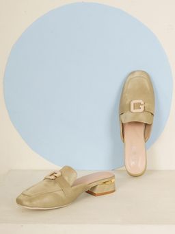 Sherrif Shoes - Womens Buckle Detail Lightweight Suede Block Heel Mules - Green