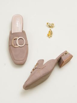 Sherrif Shoes - Womens Buckle Detail Lightweight Suede Block Heel Mules - Beige