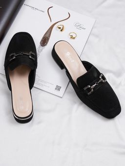 Sherrif Shoes - Womens Buckle Detail Lightweight Suede Block Heel Mules - Black