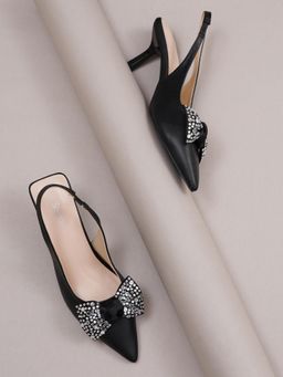 Sherrif Shoes - Elegant Slingback Embellished Bow Heeled Sandals for Women - Black