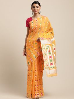 Vastranand - Mustard & Red Woven Design Jamdani Saree with Unstitched Blouse
