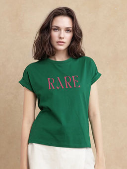 RAREISM - Women Green Typography Regular Fit T-Shirt
