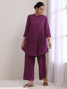 trueBrowns - Plum Purple Dobby Gathers Kurta Pant (Set of 2)