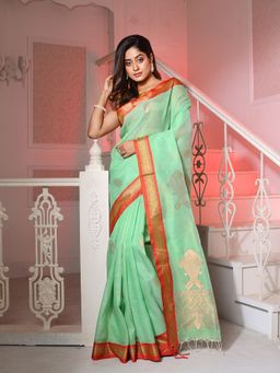 CHARUKRITI - Mint Green Silk Matka Handwoven Saree with Fish Motifs with Unstitched Blouse